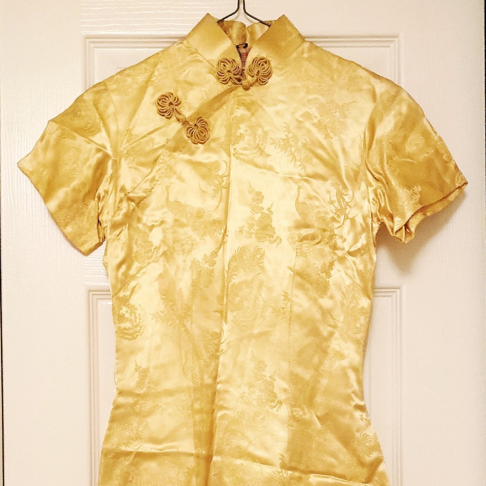 Gold Satin Cheongsam Mandarin Dress